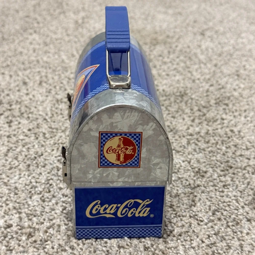 Coca-Cola Workbox Tin Lunch Box Dome Top Metal Latch Blue Silver 6x5x3.25 2002